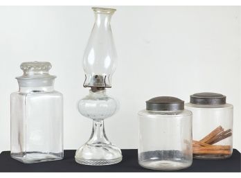 (3) CANDY JARS w OIL LAMP