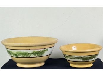 (2) YELLOWWARE BOWLS w SEAWEED DECORATION