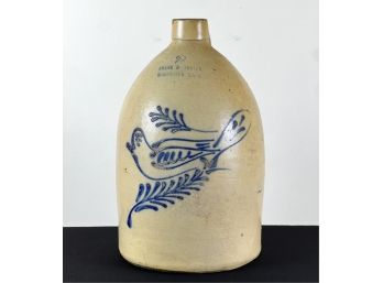 FRANK B. NORTON STONEWARE JUG w COBALT BIRD