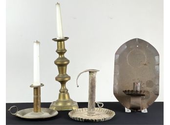 (3) CANDLESTICKS & TIN WALL SCONCE