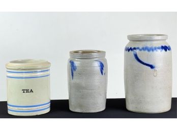 (3) STONEWARE ITEMS: TEA CADDY & (2) JARS