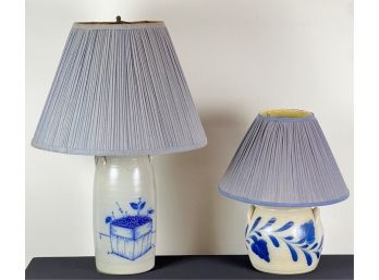 (2) COBALT DECORATED STONEWARE LAMPS