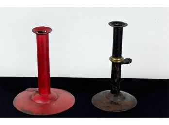 (2) DECORATIVE PUSH UP HOGSCRAPER CANDLESTICKS