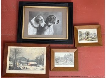 (4) ENGRAVINGS: DOGS, SCHOOLHOUSE IN WINTER, ETC