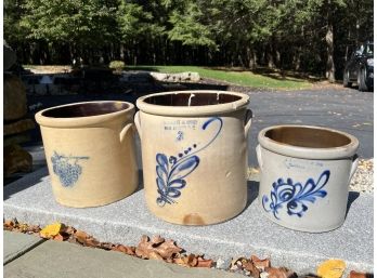 (3) ANTIQUE SALT GLAZED STONEWARE CROCKS