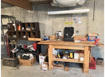 GROUPING TOOLS, WORK BENCH, SHELVING w/ CONTENTS