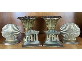 (2) PAIR BRASS BOOKENDS, PAIR CAST METAL PLANTERS