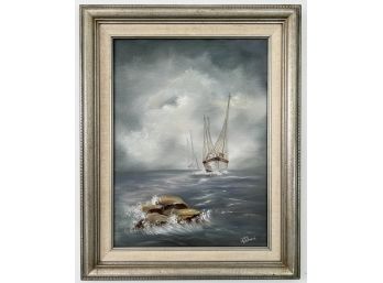 SHIPS IN STORMY WATERS SIGNED OIL ON CANVAS