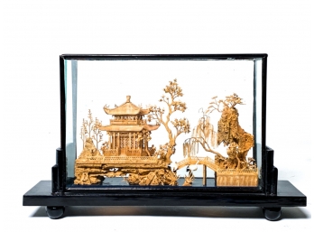 CARVED CHINESE CORK ART PAGODA SCENE IN SHADOW BOX