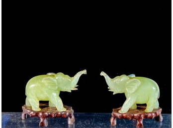 PAIR RAISED TRUNK JADE ELEPHANTS ON CUSTOM STANDS