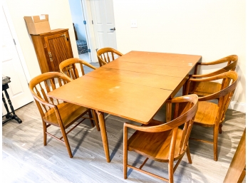 MID CENTURY TEAK DROP LEAF DINING TABLE (6) BENTWOOD ARMCHAIRS