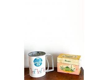 VINTAGE TIN KITCHENWARE, RECIPE BOX & FLOUR SIFTER