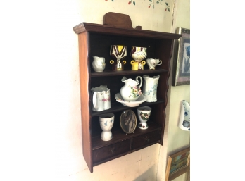 HANGING WALL SHELF W/ PORCELAIN VESSELS