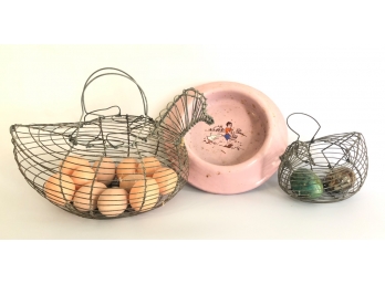 (2) WIRE HEN EGG BASKETS W/ ENAMELED BOWL