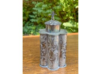 PLATED TEA CADDY w ETCHED DESIGN & FIGURAL CAP