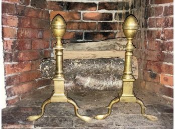 PAIR OF BRASS ACORN TOP ANDIRONS