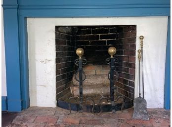 PAIR WROUGHT IRON w BRASS CANNONBALL TOP ANDIRONS