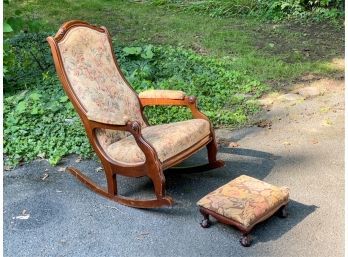 CARVED VICTORIAN ROCKER AND FOOT STOOL