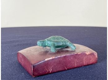 LEATHER AND CAST BRONZE TURTLE PAPERWEIGHT