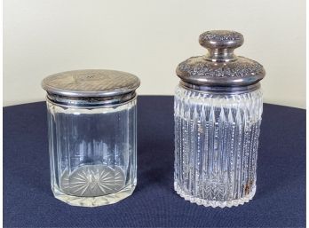 (2) CUT GLASS POWDER JARS WITH STERLING COVERS