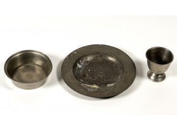 SMALL PEWTER PLATE, BOWL and CUP