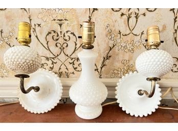 PAIR MILK GLASS SCONCES W/ A TABLE LAMP