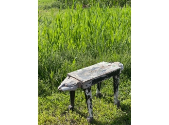 CARVED AND PAINTED DOUBLE FOX HEAD FOLK ART BENCH