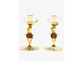 PAIR OF VENETIAN GLASS DOLPHIN CANDLESTICKS