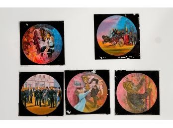 (5) MAGIC LANTERN SLIDES w FIRE FIGHTING SCENES