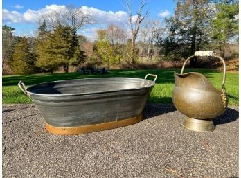 COPPER COAL BUCKET w PORCELAIN HANDLE