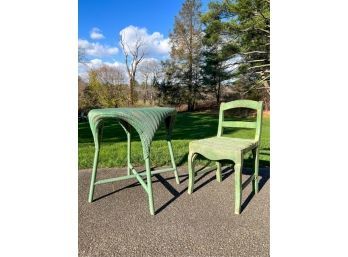 WICKER SIDE TABLE w PAINTED CHAIR