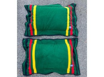 PAIR OF GREEN MULTI STRIPE PENDLETON PILLOWS