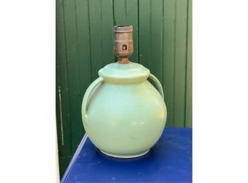 MATTE GREEN ART POTTERY LAMP w APPLIED HANDLES