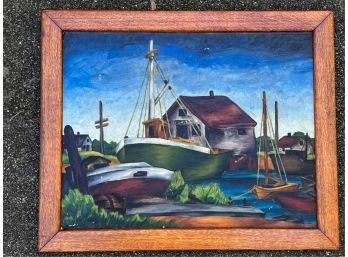 SIGNED MID CENTURY NEW ENGLAND HARBOR SCENE