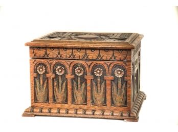 ARTS & CRAFTS CARVED & PAINTED OAK HUMIDOR