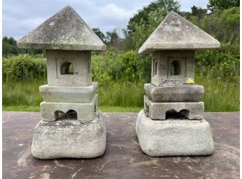 (2) SMALL CAST STONE PAGODA LANTERNS