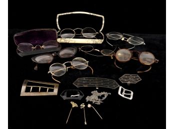 GROUPING OF ANTIQUE BUCKLES and EYEGLASSES