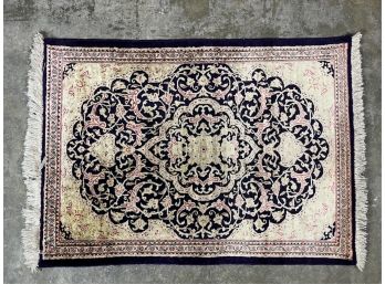 SILK PERSIAN THROW RUG w BLUE BORDERS