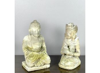 DEWI TARA & SEATED BUDDHA CAST STONE FIGURES