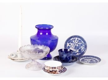 COBALT GLASS VASE, CLOVER CUT COMPOTE & CHINA