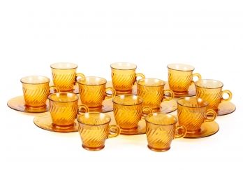 (10) AMBER GLASS CUPS and SAUCERS