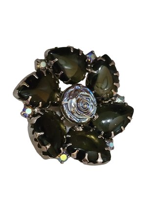 Vintage Molded Flower Glass Rhinestone Brooch #6437