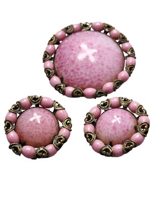 Vintage Pink Speckled Czech Glass Brooch And Earrings Set (A1444)