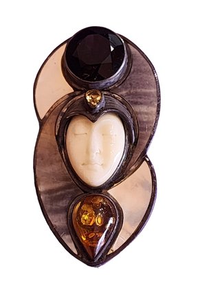 Vintage Sajen 925 Sterling Abalone Shell Amber Goddess Pendant Brooch (A2117)