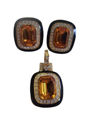 Vintage 80's Enamel, Rhinestone & Glass Pendant & Pierced Earrings (A4131)