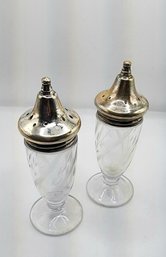 Estate Etched Sterling Silver Glass Salt & Pepper Shakers