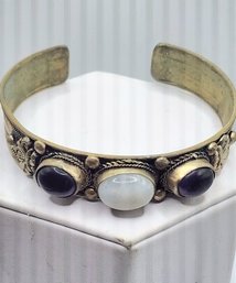 Vintage Alpaca Glass Stone Cuff Bracelet