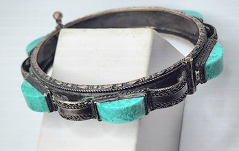 Antique Sterling Silver Curved Turquoise Bangle Bracelet