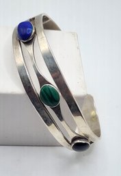 Sterling Silver Mexico Onyx Malachite & Lapis Vintage Cuff Bracelet