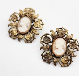 Vintage Cameo & Brass Earrings